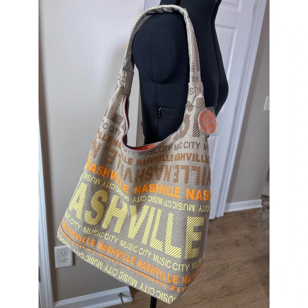 Robin Ruth Nashville Music City Hobo Bag Tan Orange Canvas Shoulder‎ Bag NEW Zip